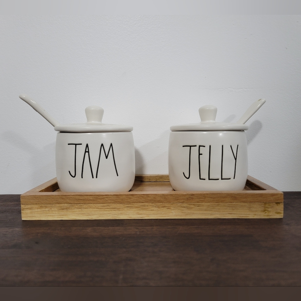 Rae Dunn Jam and Jelly Ceramic Jars with Tray